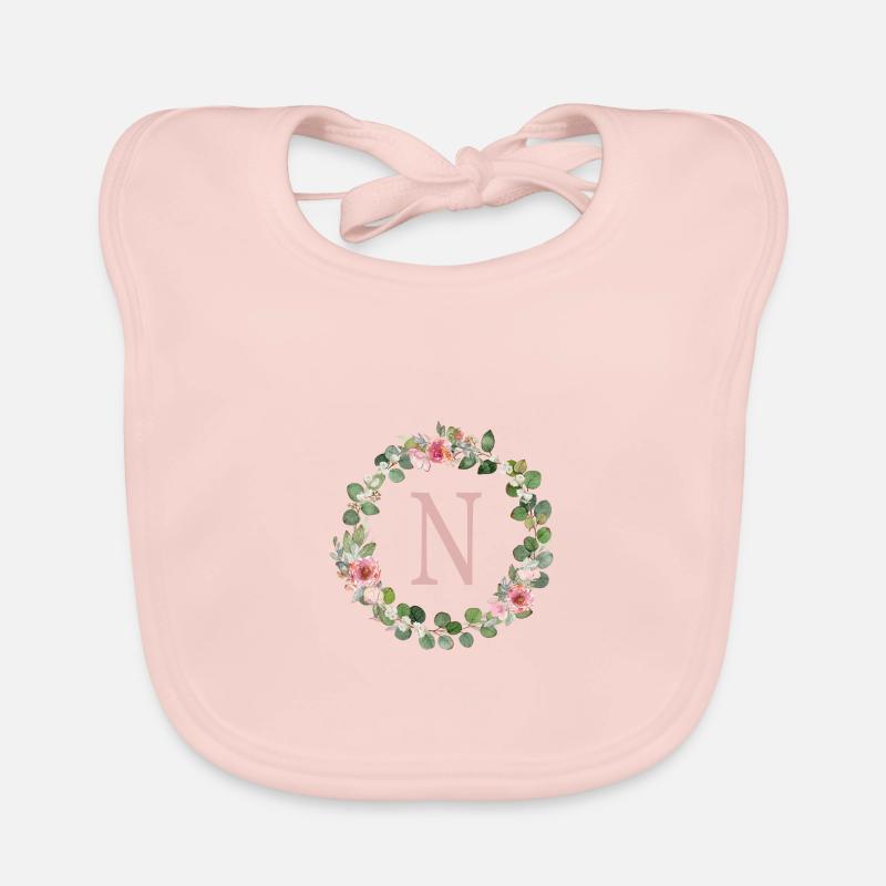 N Monogram Eucalyptus Rose Wreath Organic Baby Bibs