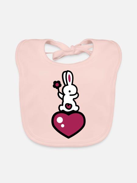Lapin avec coeur et fleur 3 - Bavoir bio Bébé - rose - Devant