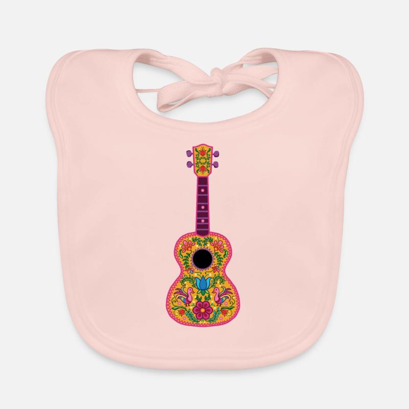 Ukulélé peint avec des broderies mexicaines colorées - Bavoir bio Bébé - rose