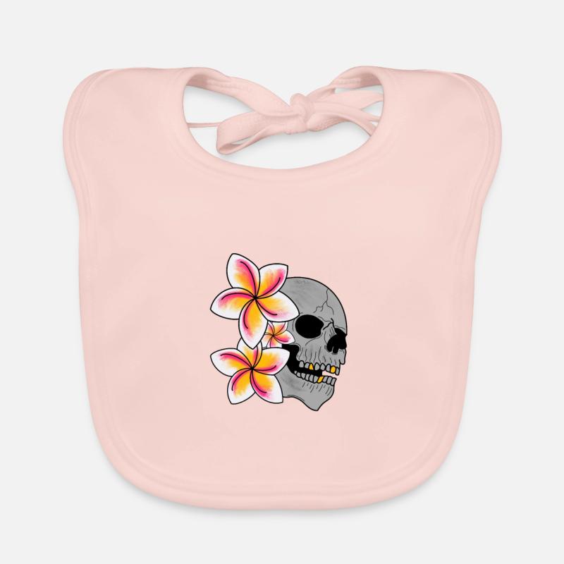 Tête de mort et fleurs de Tiaré - Bavoir bio Bébé - rose