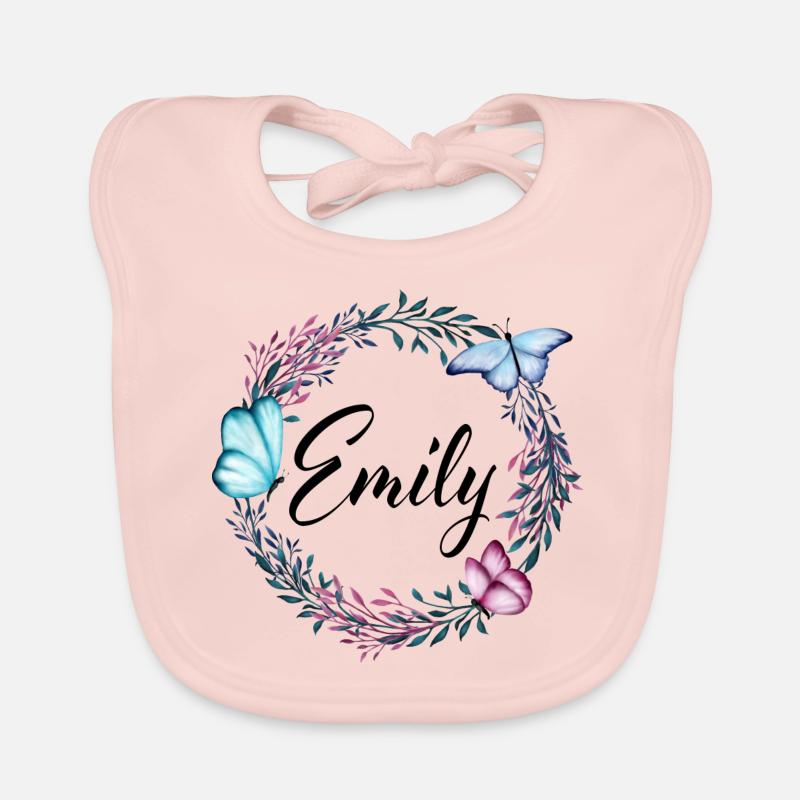Emily, Name, Schriftzug, Blumenkranz, Geschenk Baby Bio-Lätzchen