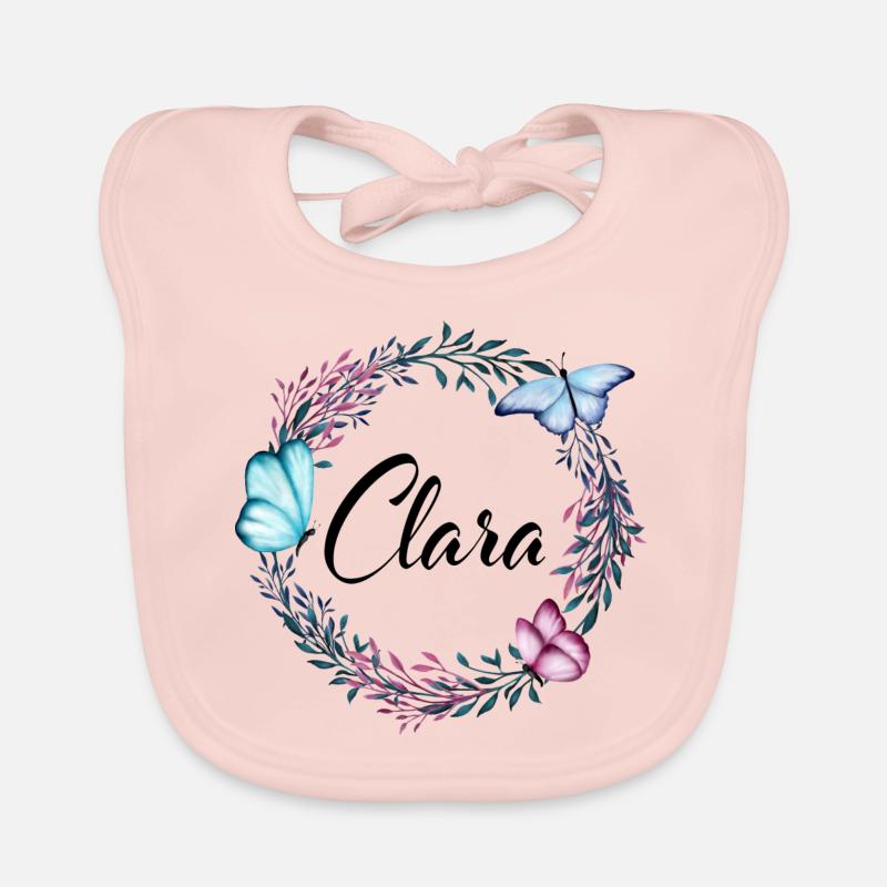 Clara, nom, lettrage, couronne de fleurs, cadeau - Bavoir bio Bébé - rose