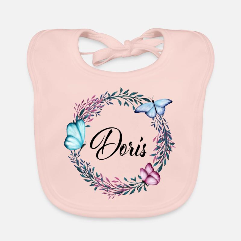 Doris, nom, lettrage, couronne de fleurs, cadeau Bavoir bio Bébé