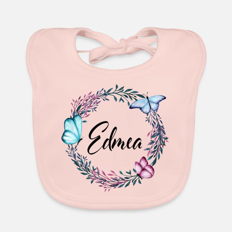 Edmea, nom, lettrage, couronne de fleurs, cadeau - Bavoir bio Bébé - rose