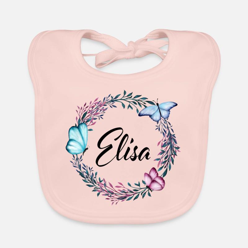 Elisa, nom, lettrage, couronne de fleurs, cadeau - Bavoir bio Bébé - rose