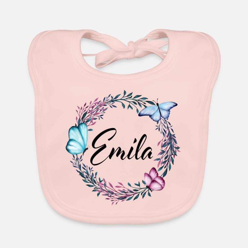 Emila, Name, Schriftzug, Blumenkranz, Geschenk Baby Bio-Lätzchen