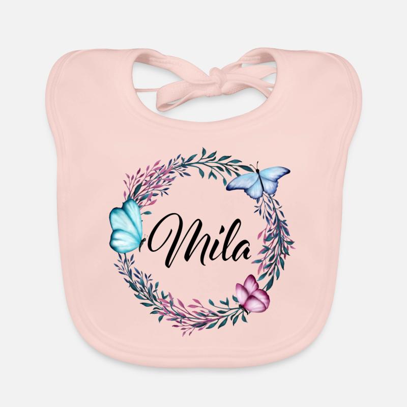 Mila, nom, lettrage, couronne de fleurs, cadeau Bavoir bio Bébé