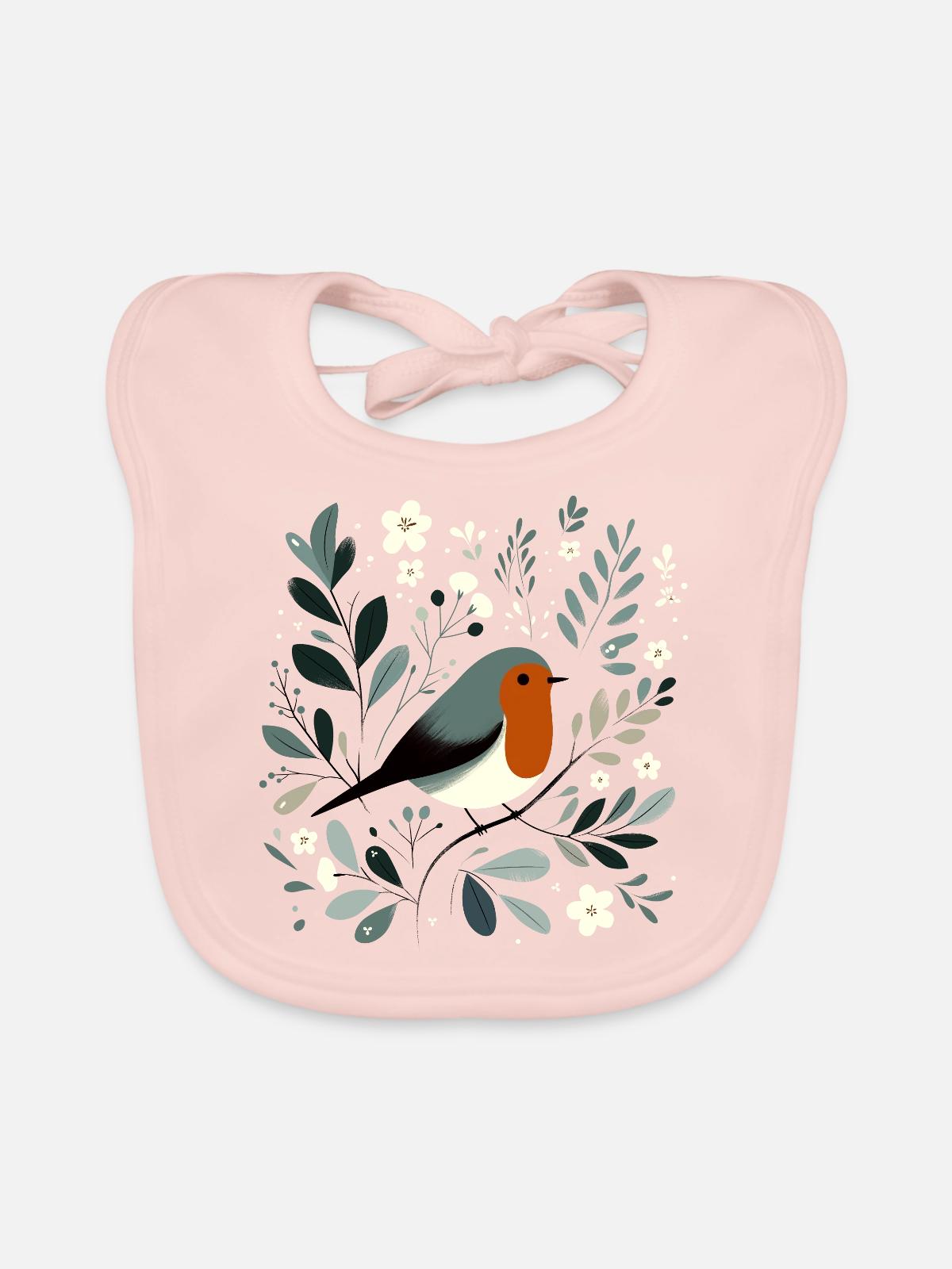 Rotkehlchen mit Blumen - Baby Bio-Lätzchen - Rose - Vorne