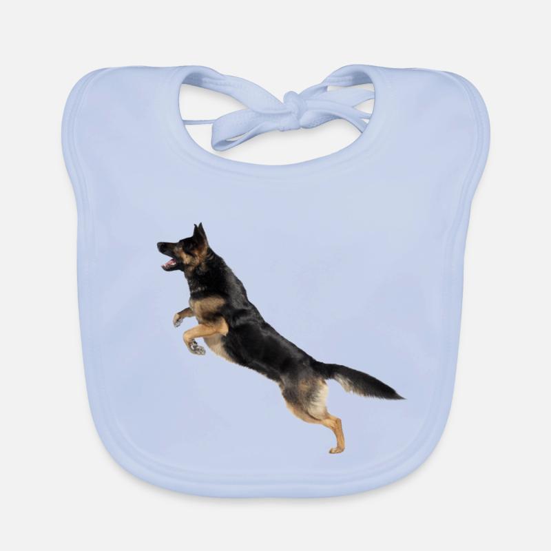 Deutscher Schäferhund springt Baby Bio-Lätzchen