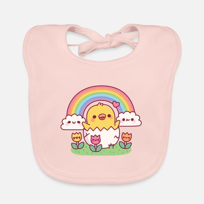 Cute Chick In Egg Tulips Clouds Rainbow Spring Organic Baby Bibs
