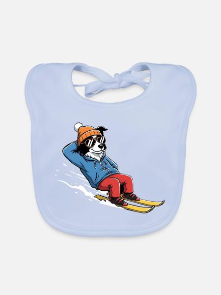 Chien de ski détendu avec lunettes de soleil et chapeau - Bavoir bio Bébé - bleu ciel - Devant