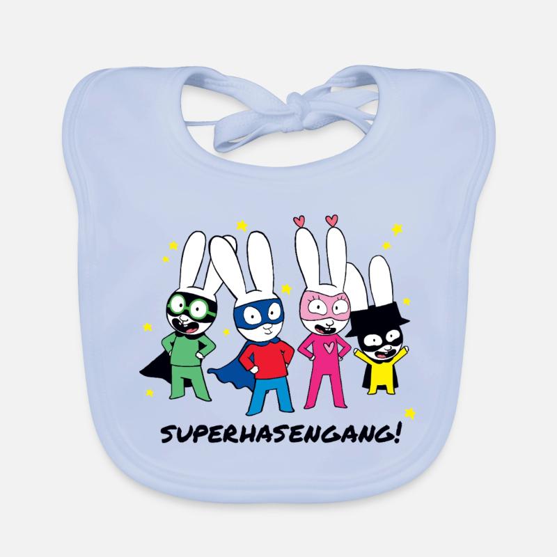 Simon Super Bunny with his Super Bunny Gang Organic Baby Bibs