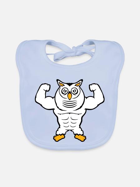 Owl Bodybuilder Muscles Biceps Poses Gym Rat Cool - Organic Baby Bibs - sky blue - Front