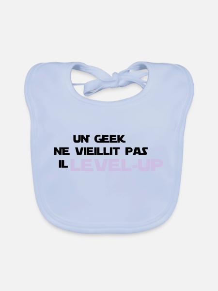 un_geek ne vieillit pas il Level up - Bavoir bio Bébé - bleu ciel - Devant