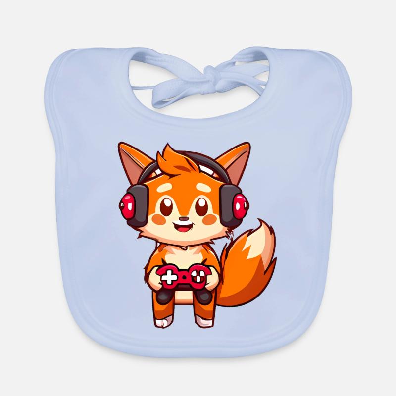 00237 roter Fuchs mit Kopfhörer und Controller Baby Bio-Lätzchen