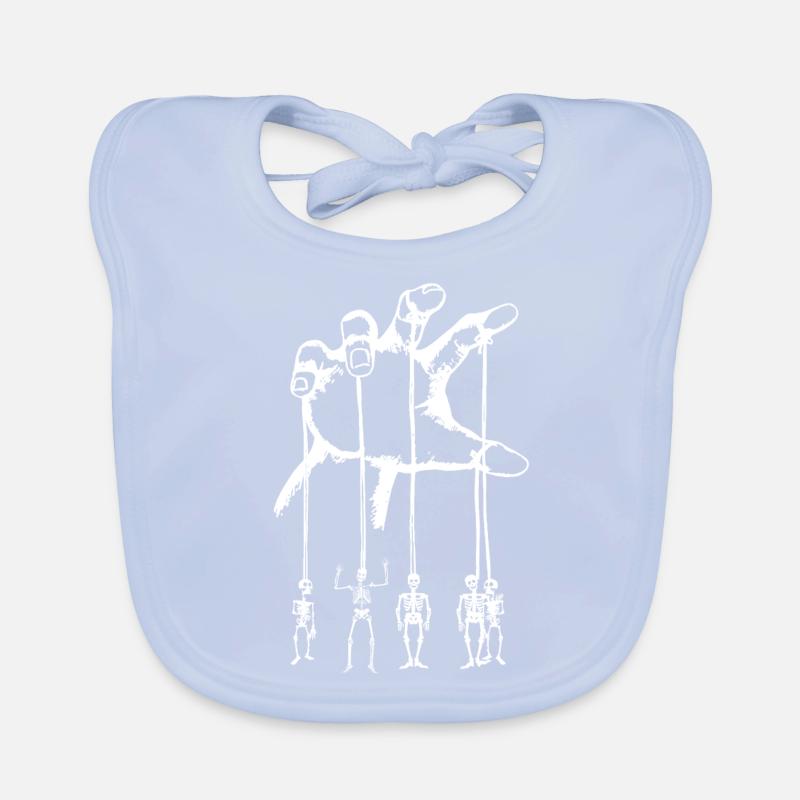 Skeleton marionettes on a hand pulling string over white Organic Baby Bibs