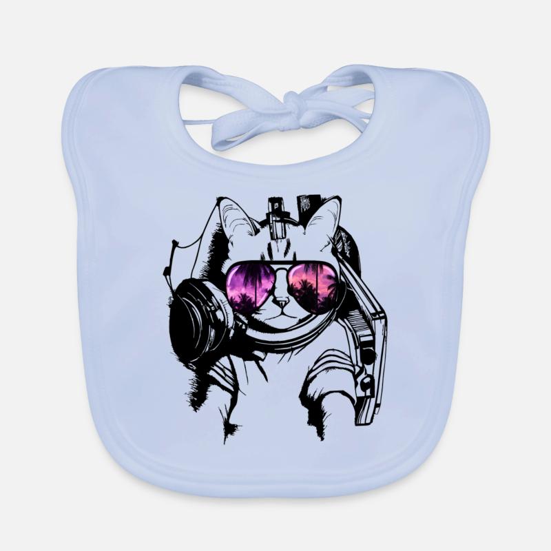 chat cool chaton DJ avecsunglassessunglasses - Bavoir bio Bébé - bleu ciel