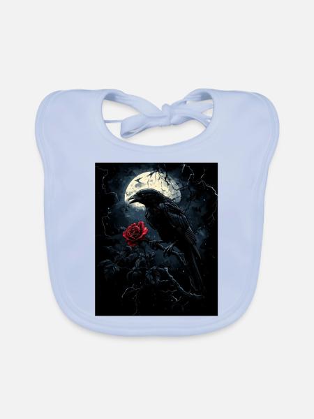 Raven Rose Moon Gloomy Gothic Black Crow - Organic Baby Bibs - sky blue - Front