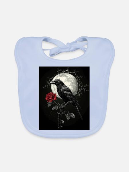 Raven Rose Moon Gloomy Gothic Black Crow - Organic Baby Bibs - sky blue - Front