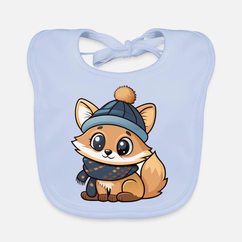 Renard mignon avec écharpe et chapeau à pompon. Bavoir bio Bébé