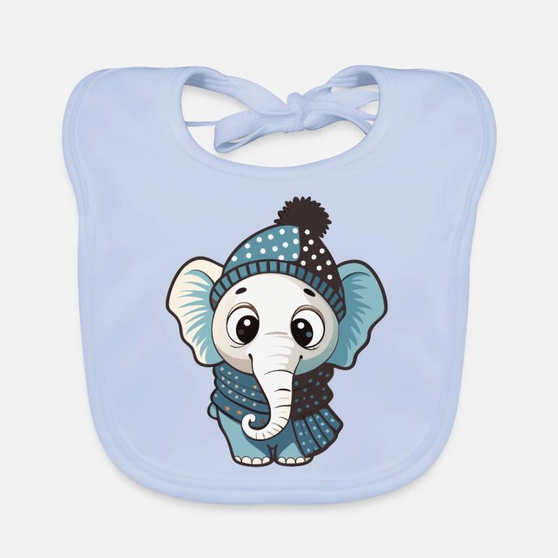 Éléphant mignon avec écharpe et chapeau à pompon. Bavoir bio Bébé