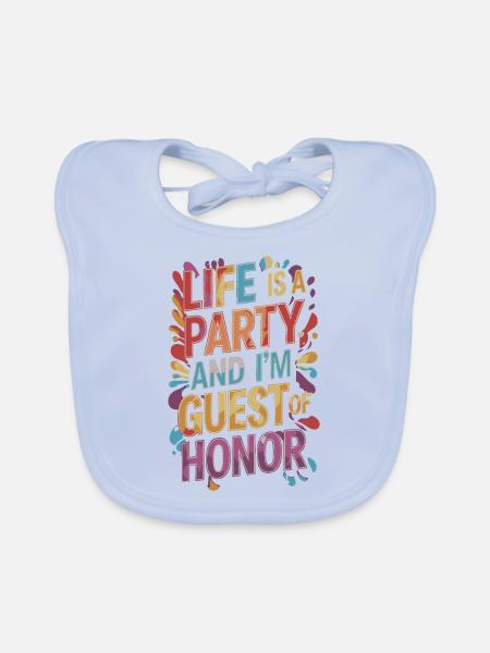 Life is a party – guest of the evening - Organic Baby Bibs - sky blue - Front