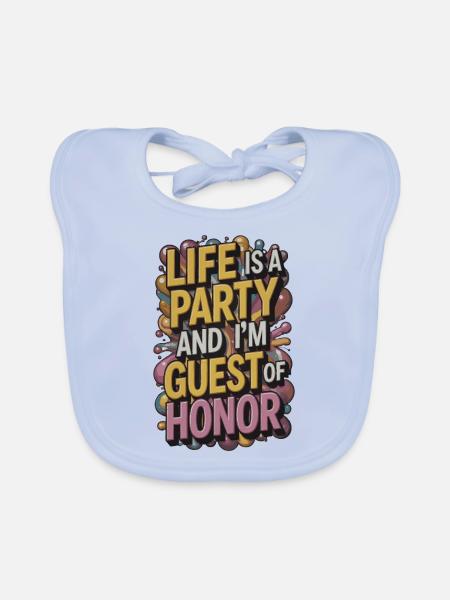 Life is a party – guest of the evening - Organic Baby Bibs - sky blue - Front