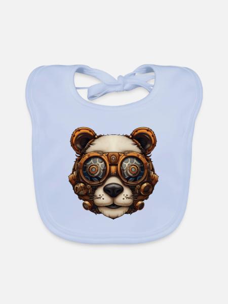 Steampunk Panda Bear Gift Steampunk - Organic Baby Bibs - sky blue - Front