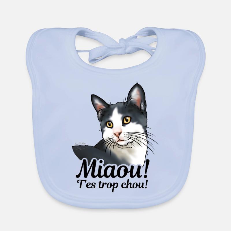 chat noir et blanc Miaou (texte noir) - Bavoir bio Bébé - bleu ciel