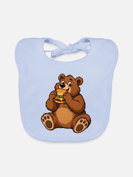 Lustiger Bär mit Burger – Burger Liebe - Baby Bio-Lätzchen - sky Blue - Vorne