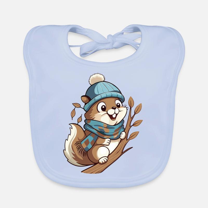 Écureuil mignon avec écharpe et chapeau à pompon. Bavoir bio Bébé