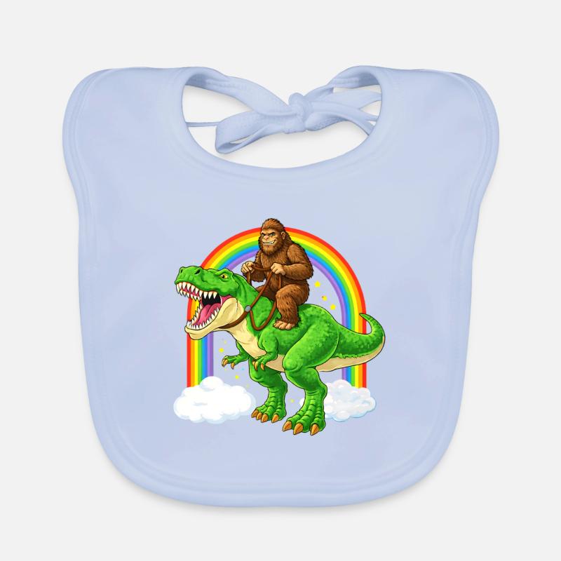Bigfoot Riding T-Rex Dinosaur Rainbow Organic Baby Bibs