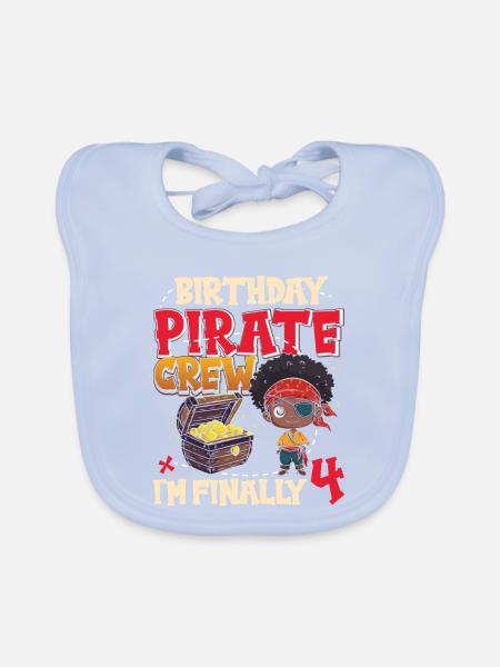 Black Boy Pirate Crew for the 4th Birthday - Organic Baby Bibs - sky blue - Front