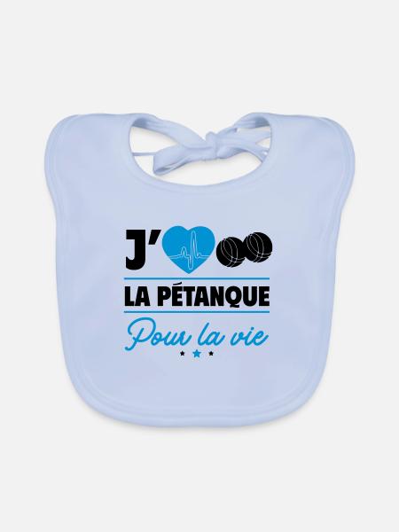 J'aime la pétanque pour la vie – Boules et camping - Bavoir bio Bébé - bleu ciel - Devant