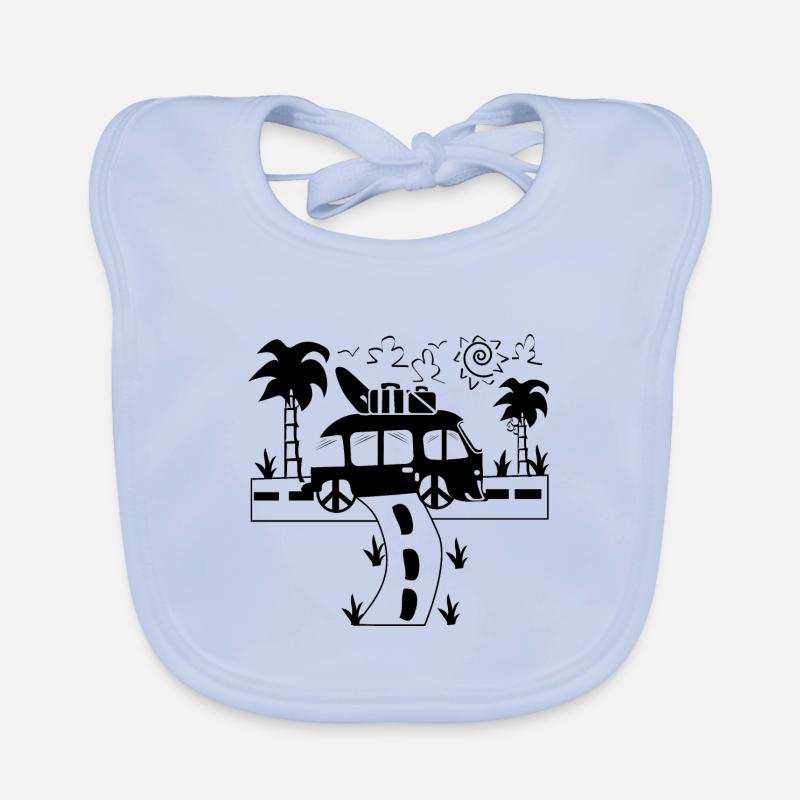 Vacances en bus soleil surf palmiers - Bavoir bio Bébé - bleu ciel