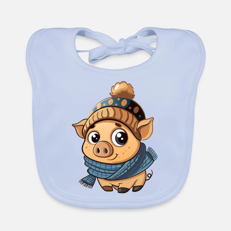 Mignon cochon avec écharpe et chapeau à pompon. Bavoir bio Bébé