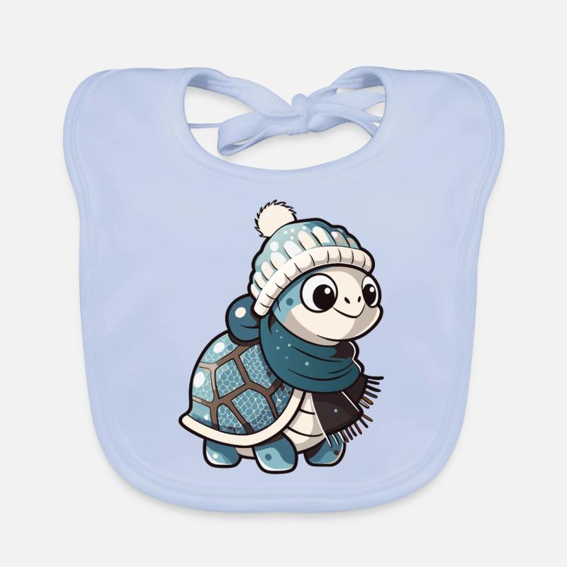 Tortue mignonne avec écharpe et chapeau à pompon. Bavoir bio Bébé