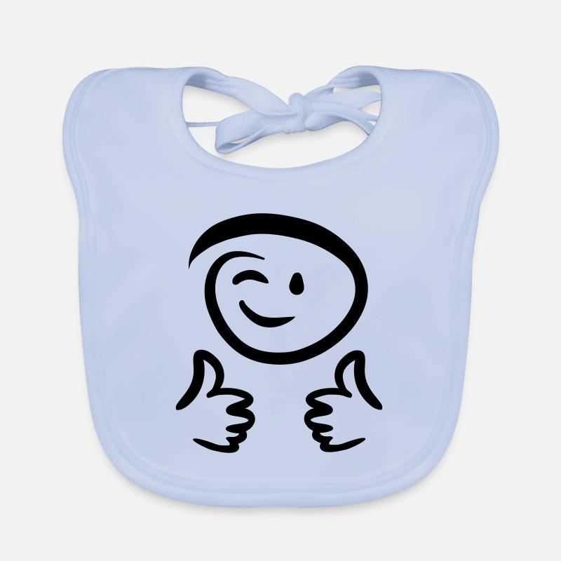 Face winks, shows two thumbs up. Emoticon. Organic Baby Bibs