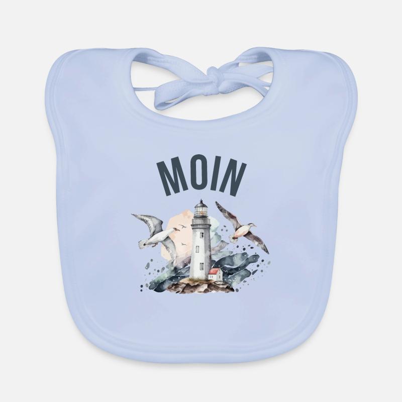 Moin (avec phare et mouettes) - Bavoir bio Bébé - bleu ciel