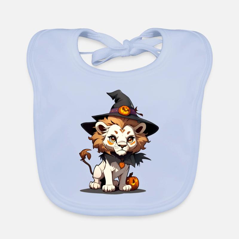 Niedlicher Halloween Löwe mit Hexenhut. Baby Bio-Lätzchen