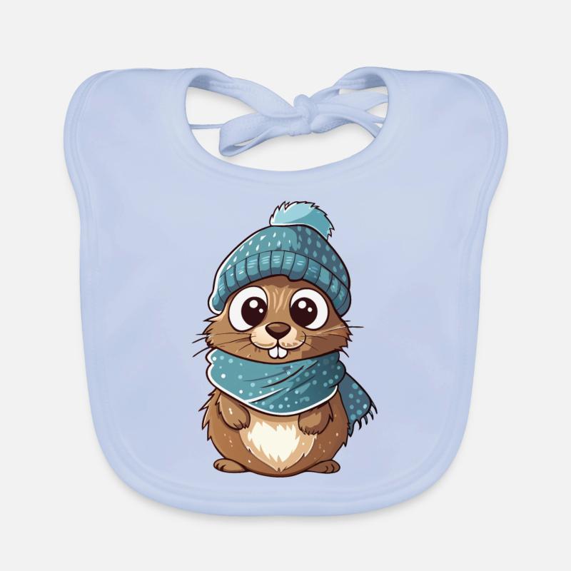 Mignon gopher avec écharpe et chapeau à pompon. Bavoir bio Bébé