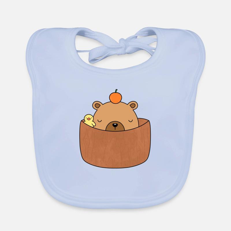 Cute capybara with tangerine in bath with duckling Organic Baby Bibs
