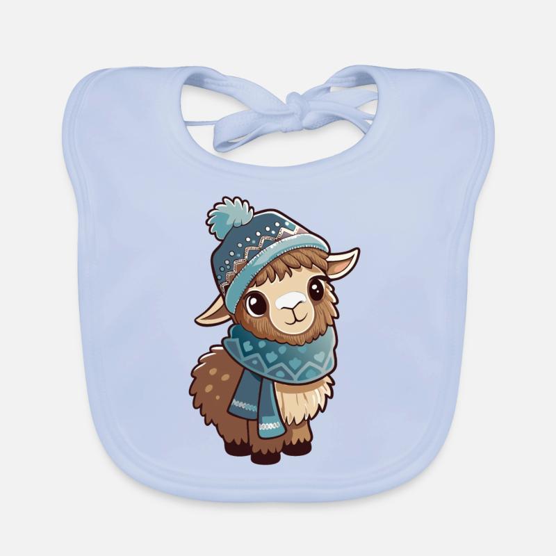 Lama mignon avec écharpe et chapeau à pompon. Bavoir bio Bébé