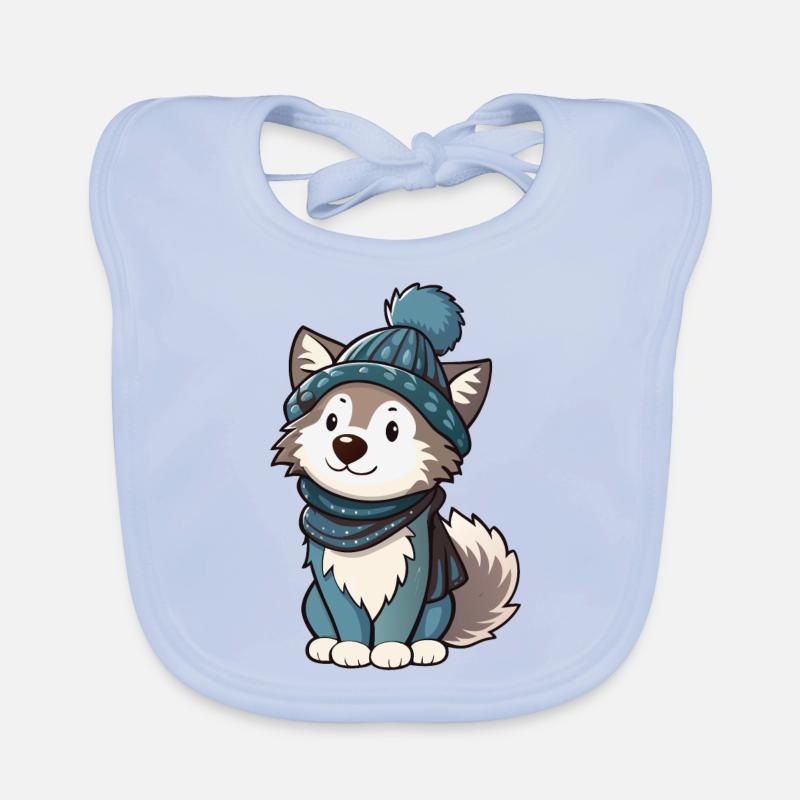 Loup mignon avec écharpe et chapeau à pompon. Bavoir bio Bébé