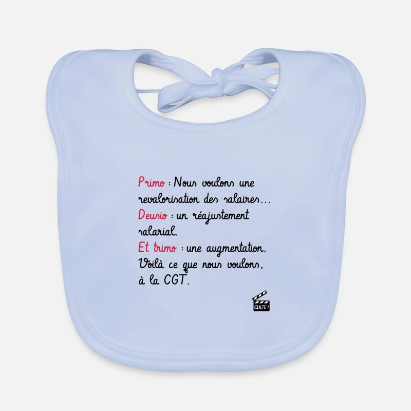Primo Deusio Trimo - CGT - Les Inconnus - Culte ! - Bavoir bio Bébé - bleu ciel