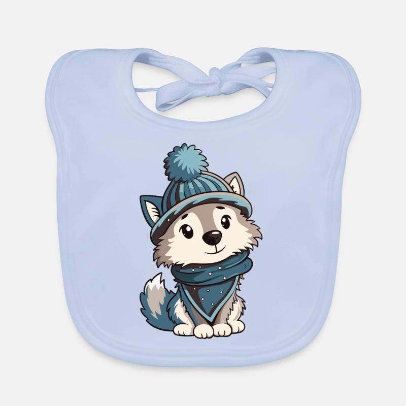 Niedlicher Wolf mit Schal und Pudelmütze. Baby Bio-Lätzchen