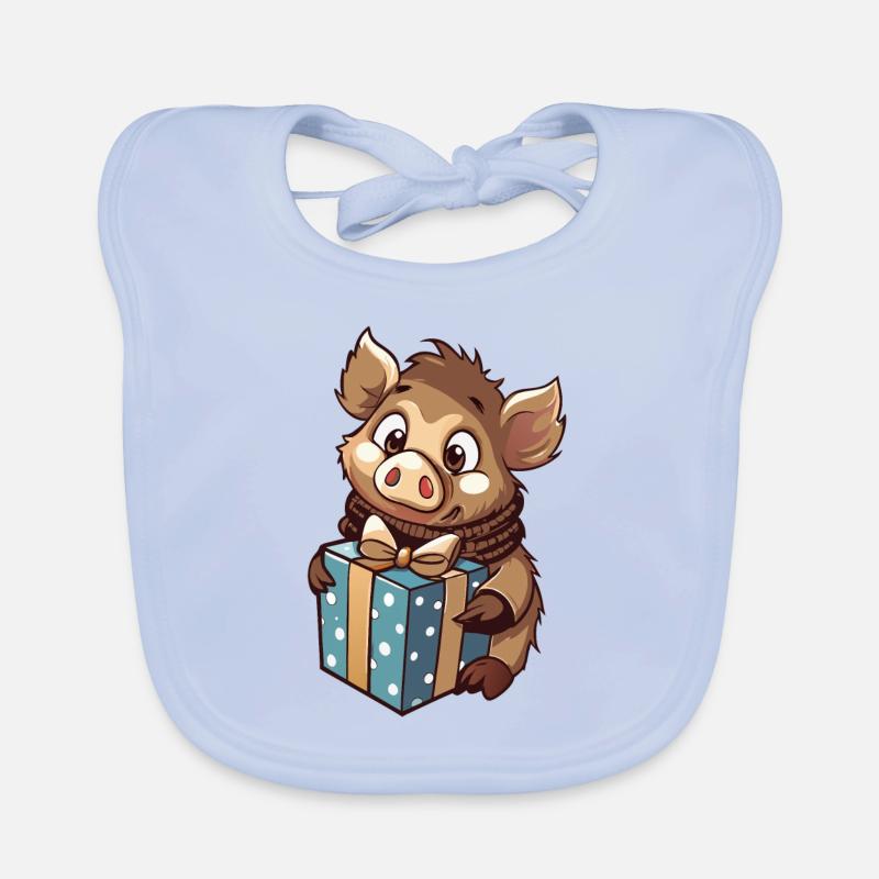 Sanglier mignon avec cadeau pour Noël - Bavoir bio Bébé - bleu ciel