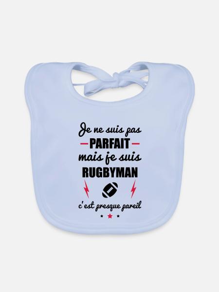 pas parfait mais rugby, cadeau rugbyman - Bavoir bio Bébé - bleu ciel