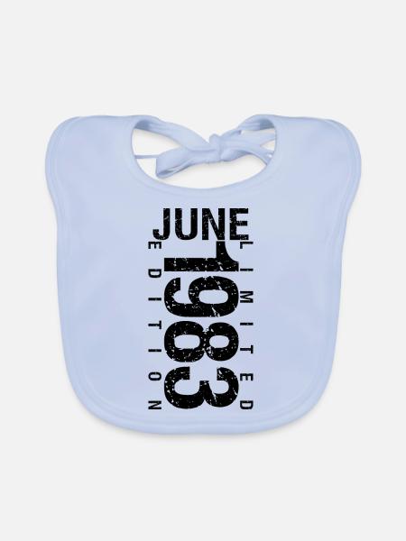 Birthday June 1983 June born in June 1983 - Organic Baby Bibs - sky blue - Front