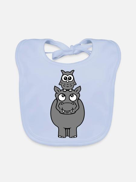 Hibou assis sur hippopotame drôle 2 amis chevauchant - Bavoir bio Bébé - bleu ciel - Devant